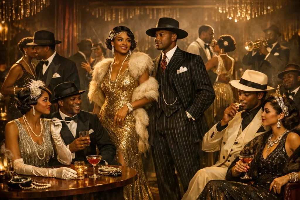 What Is Harlem Renaissance Fashion Style? A Complete Guide Harlem Renaissance fashion scene inside a 1920s jazz club, featuring African American men in tailored suits and zoot suits and women in flapper dresses with pearls, fur stoles, and art deco accessories, showcasing the elegance, confidence, and cultural style of the Harlem Renaissance era.