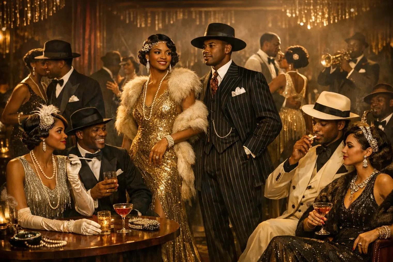 Harlem Renaissance fashion scene inside a 1920s jazz club, featuring African American men in tailored suits and zoot suits and women in flapper dresses with pearls, fur stoles, and art deco accessories, showcasing the elegance, confidence, and cultural style of the Harlem Renaissance era.