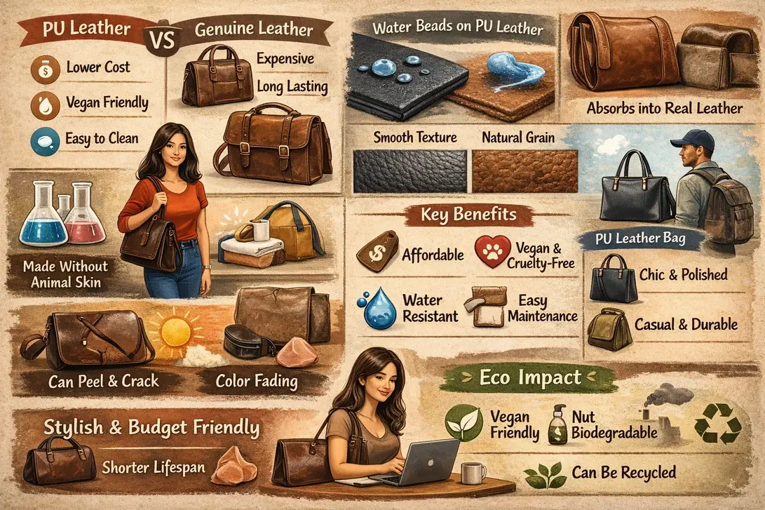 Horizontal infographic comparing PU leather bags and genuine leather bags, showing realistic human models using handbags, water-resistant PU leather surface, natural grain of real leather, key benefits like affordability, vegan and cruelty-free materials, easy maintenance, and environmental impact icons to help buyers choose the right bag material.