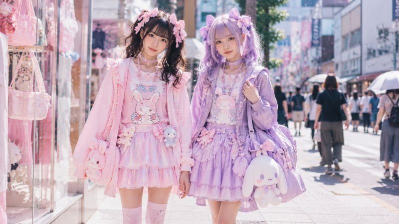 Japanese Kawaii fashion with pastel outfits and cute accessories