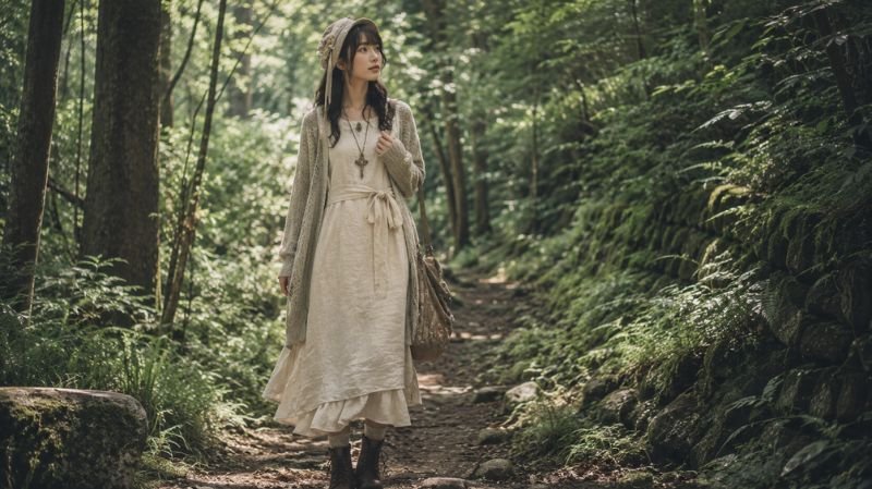Mori Kei fashion with layered earth tone clothing