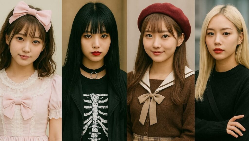 10 Most Popular Japanese Fashion Styles in 2026 Horizontal image of four young Japanese women showcasing popular Japanese fashion styles for 2026, including Lolita, goth streetwear, vintage preppy, and minimalist modern looks, captured in a clean portrait layout ideal for Japanese fashion trend articles.