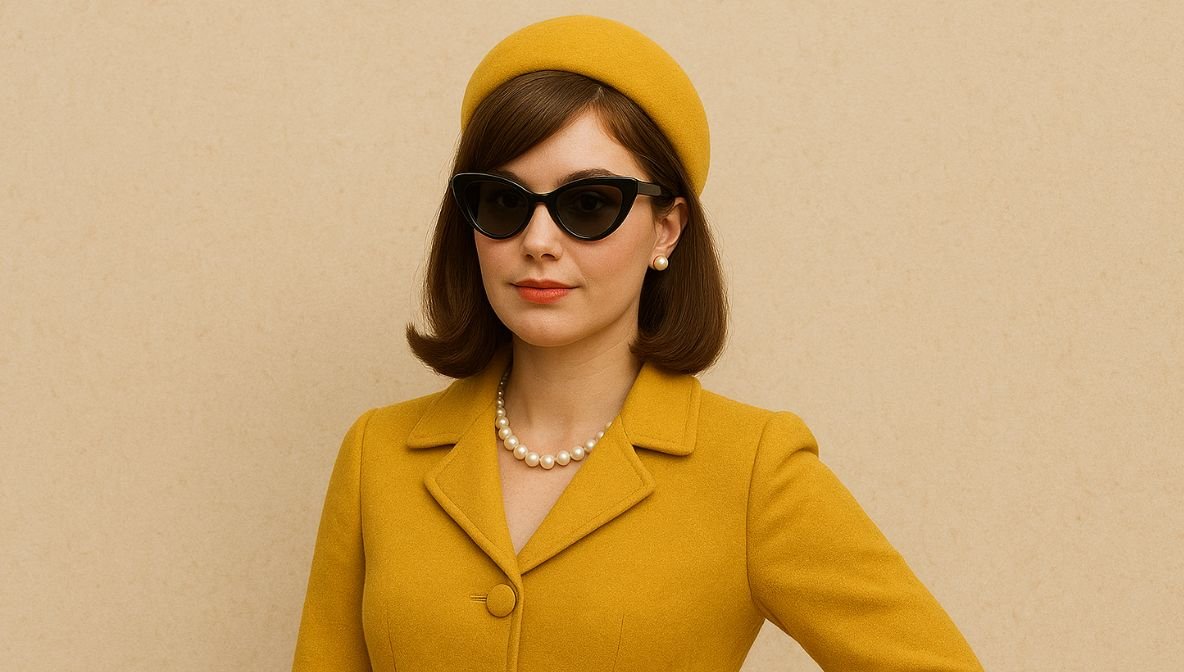 Horizontal vintage-style photo of a woman in iconic 1960s fashion wearing a bold mini skirt and retro patterned blouse, showcasing authentic mod trends for an article on game-changing 60s fashion styles.