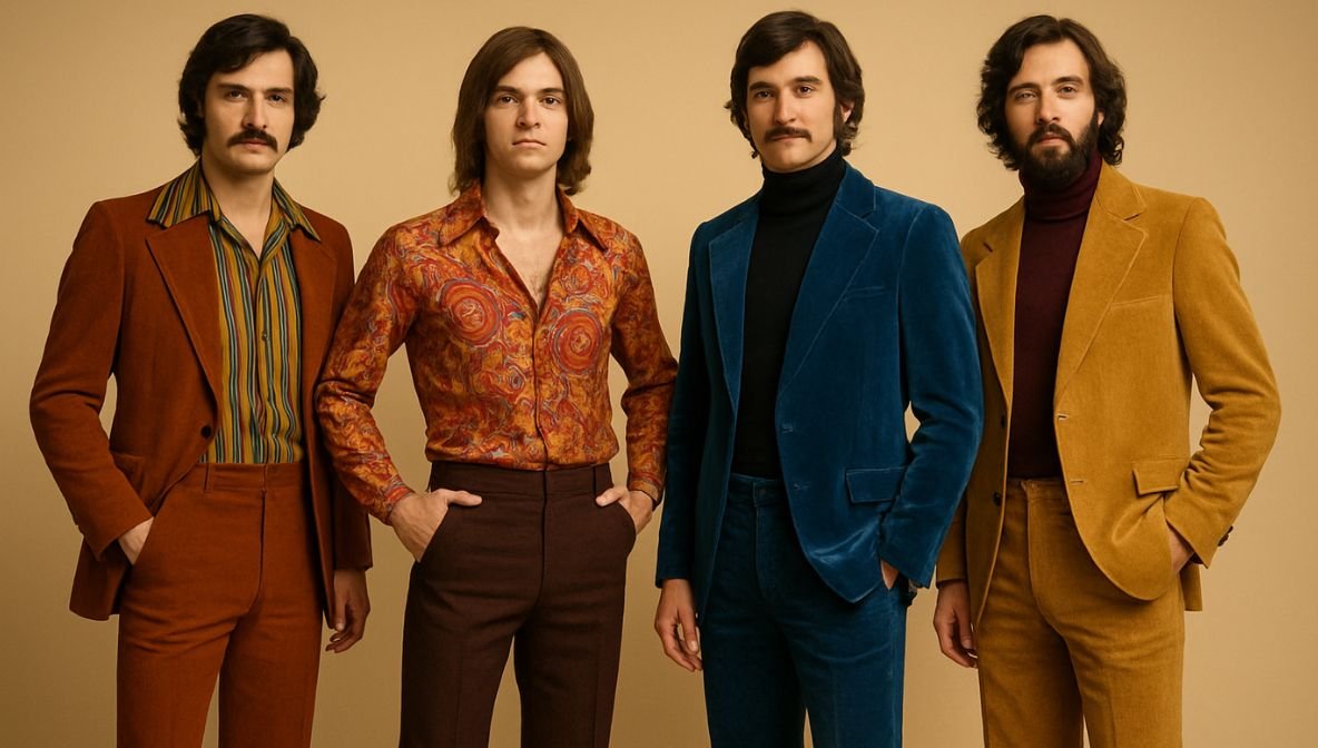 Men styled in classic 1970s fashion featuring wide lapels, flared pants, silk shirts, velvet jackets, turtlenecks, and platform shoes.