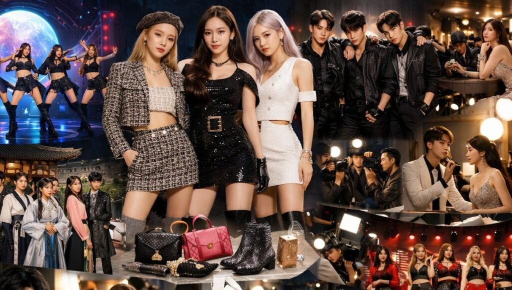 K-Pop Influence on Fashion Retail To Create Visual Identity K-pop idols performing on stage and attending fashion events, showcasing coordinated luxury outfits, modern streetwear, and traditional Korean-inspired styles that highlight K-pop’s influence on global fashion and visual identity.