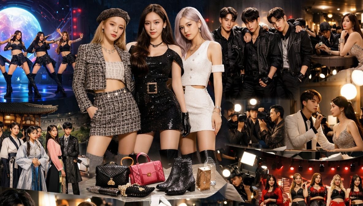 K-pop idols performing on stage and attending fashion events, showcasing coordinated luxury outfits, modern streetwear, and traditional Korean-inspired styles that highlight K-pop’s influence on global fashion and visual identity.
