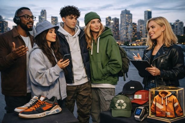 Expert Insights on Urban Fashion Trends & Streetwear Real-life urban fashion trends experts discussing streetwear trends outdoors at dusk, featuring diverse people wearing modern street style outfits with sneakers, hoodies, caps, and accessories against a city skyline, representing expert insights into urban fashion and contemporary streetwear culture.