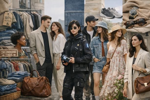 What are the 10 Latest Fashion Trends in 2026? Realistic street-style fashion scene showing diverse men and women wearing 2026 fashion trends, including sustainable clothing, minimal outfits, gender-inclusive styles, techwear, elevated streetwear, athleisure, and quiet luxury in a modern urban background.