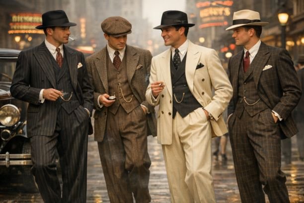 Men wearing iconic 1920s suits with double-breasted jackets, high-waisted wide-leg trousers, waistcoats, and classic hats, showcasing Roaring Twenties menswear style, vintage tailoring, and Jazz Age fashion elegance.