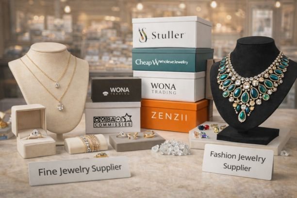 What are the Top Wholesale Jewelry Suppliers in 2026? Wholesale jewelry display featuring fine and fashion jewelry such as diamond necklaces, engagement rings, bracelets, and statement pieces, arranged with supplier packaging, illustrating sourcing options for jewelry retailers in 2026.