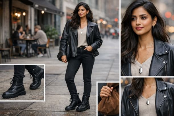 How to Wear 2012-Styles Fashion Trends in 2026? Modern 2026 street style inspired by 2012 indie sleaze fashion trends, featuring a woman wearing an oversized black leather jacket, high-waisted skinny jeans, matte combat boots, and minimal statement jewelry, styled with soft berry makeup in an urban city setting.