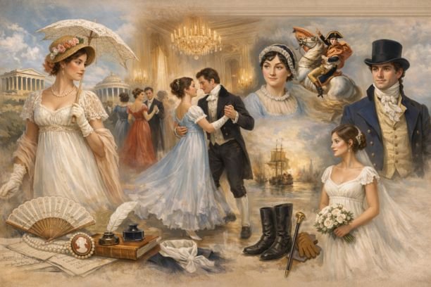 Regency Era Fashion: Historical Design Trends and Influence Regency Era fashion scene showing women in empire waist dresses with bonnets, gloves, and parasols, and men in tailored coats and cravats at a formal ballroom gathering, highlighting early 19th-century British clothing, romantic silhouettes, and historical style influence.