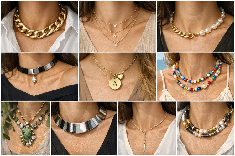 10 Different Types of Necklace Trends in 2026 A horizontal collage highlighting 10 types of necklaces defining 2026, blending bold chains, modern pearls, personalized pendants, and mixed-material statement designs.