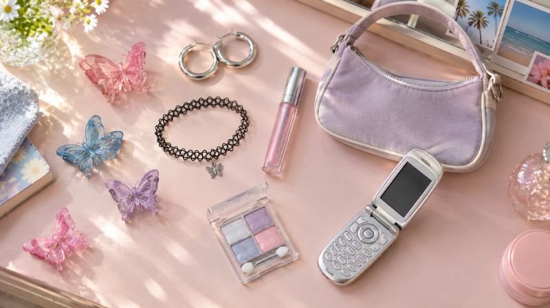 What are the High School Early 2000s Fashion Trends? Early 2000s fashion accessories including butterfly hair clips, hoop earrings, a tattoo choker, lip gloss, and a mini shoulder bag.