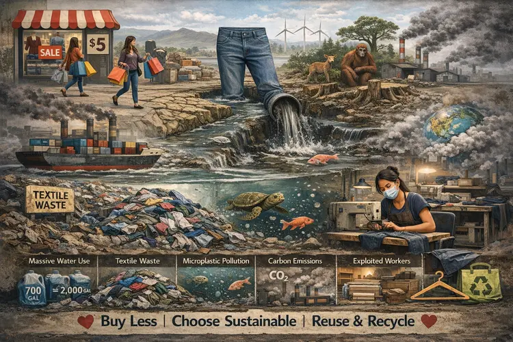 Fast fashion environmental impact showing textile waste, polluted rivers, factory emissions, marine pollution, and garment workers in real-life conditions.