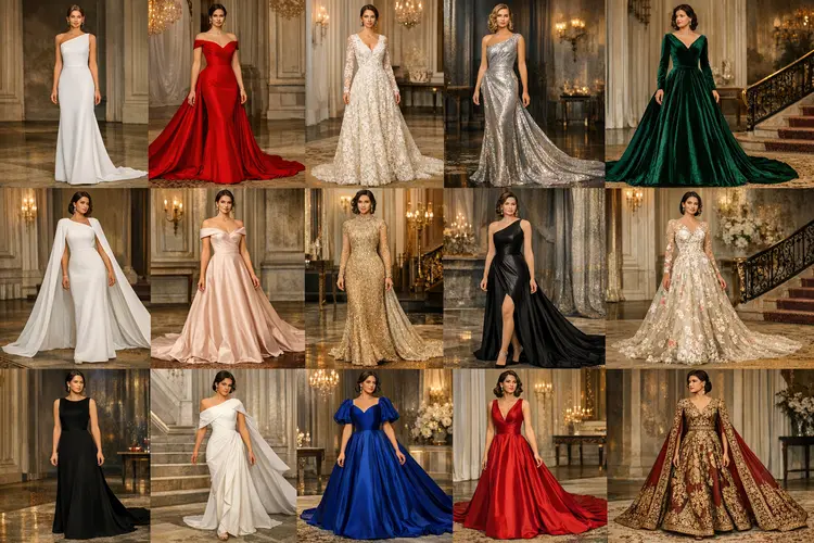 Horizontal collage of fifteen 2026 inaugural ball gown ideas, featuring elegant white, red, metallic, velvet, floral, minimalist, and jewel-toned dresses showcased in a grand ballroom setting.