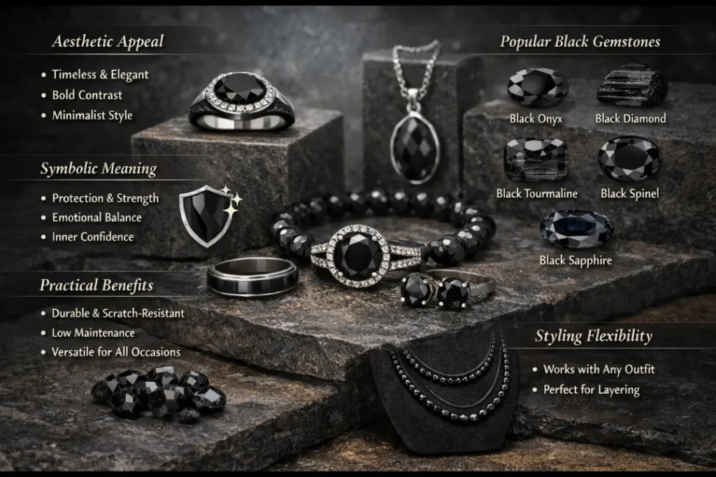 What are the Benefits of Using Black Gemstones in Jewellery? Horizontal image showcasing black gemstones in jewellery on a dark stone background, featuring black onyx, black diamond, black spinel, black sapphire and black tourmaline rings, pendants, earrings and bracelets, highlighting their elegance, durability, symbolism and versatile styling for modern jewellery designs.