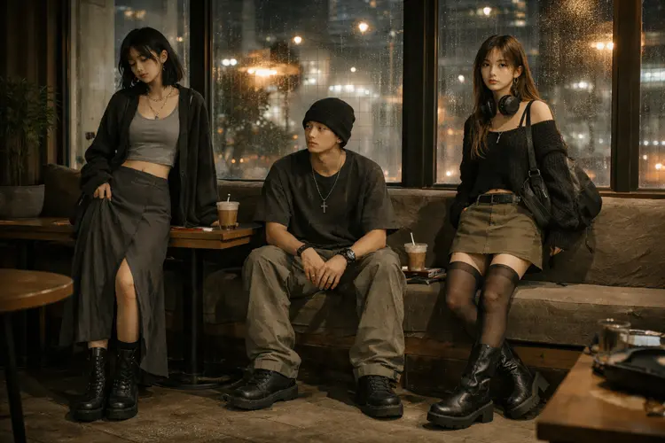 Three people wearing acubi aesthetic outfits sitting in a modern urban café at night.