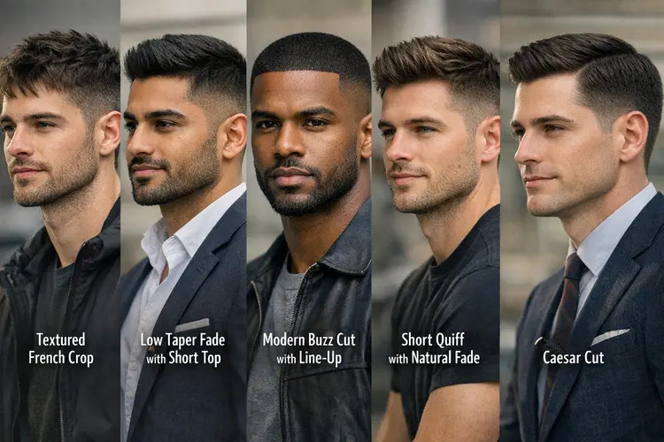 Trending short haircuts for men in 2026, including French crop, low taper fade, buzz cut, short quiff, and Caesar cut.