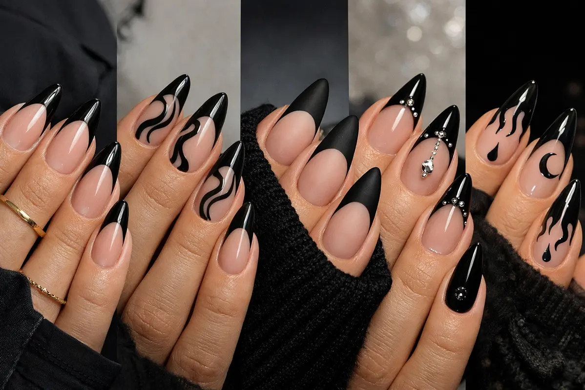 Edgy black French tip almond nails with modern designs on nude bases.