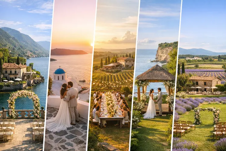 Top 5 Best Destination Wedding Venues in the World (2026) Five scenic destination wedding locations including Lake Como, Santorini, Tuscany, Bali, and Provence in a horizontal panoramic view.
