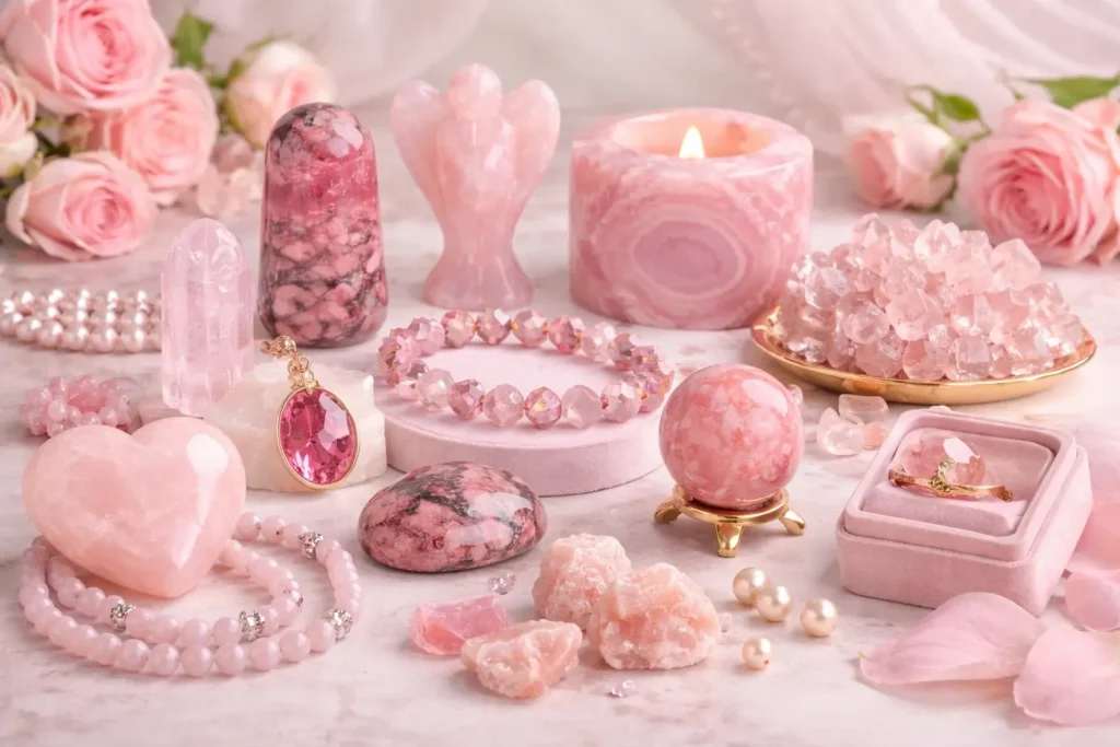 15 Types of Pink Crystals: Benefits Value and Healing Real pink crystal products including rose quartz heart, rhodonite palm stone, pink tourmaline pendant, pink crystal bracelets, gemstone candle holder, healing crystal decor, and pink gemstone jewelry arranged on a soft pastel background.