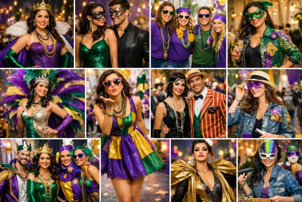 Horizontal collage of 10 Mardi Gras outfit ideas for 2026 featuring colorful purple, green, and gold festival fashion.