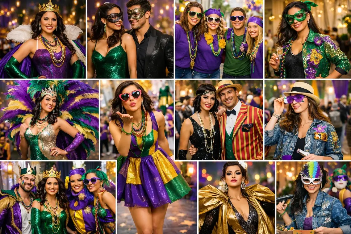 Horizontal collage of 10 Mardi Gras outfit ideas for 2026 featuring colorful purple, green, and gold festival fashion.