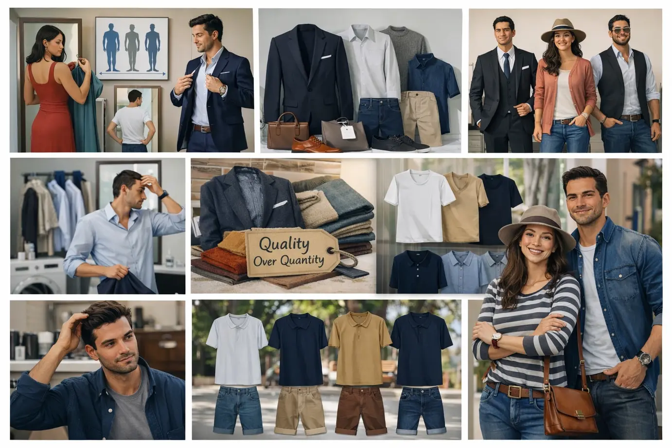 Lifestyle fashion image showing real human models applying dressing sense rules through casual and formal outfits, grooming, and smart wardrobe choices.