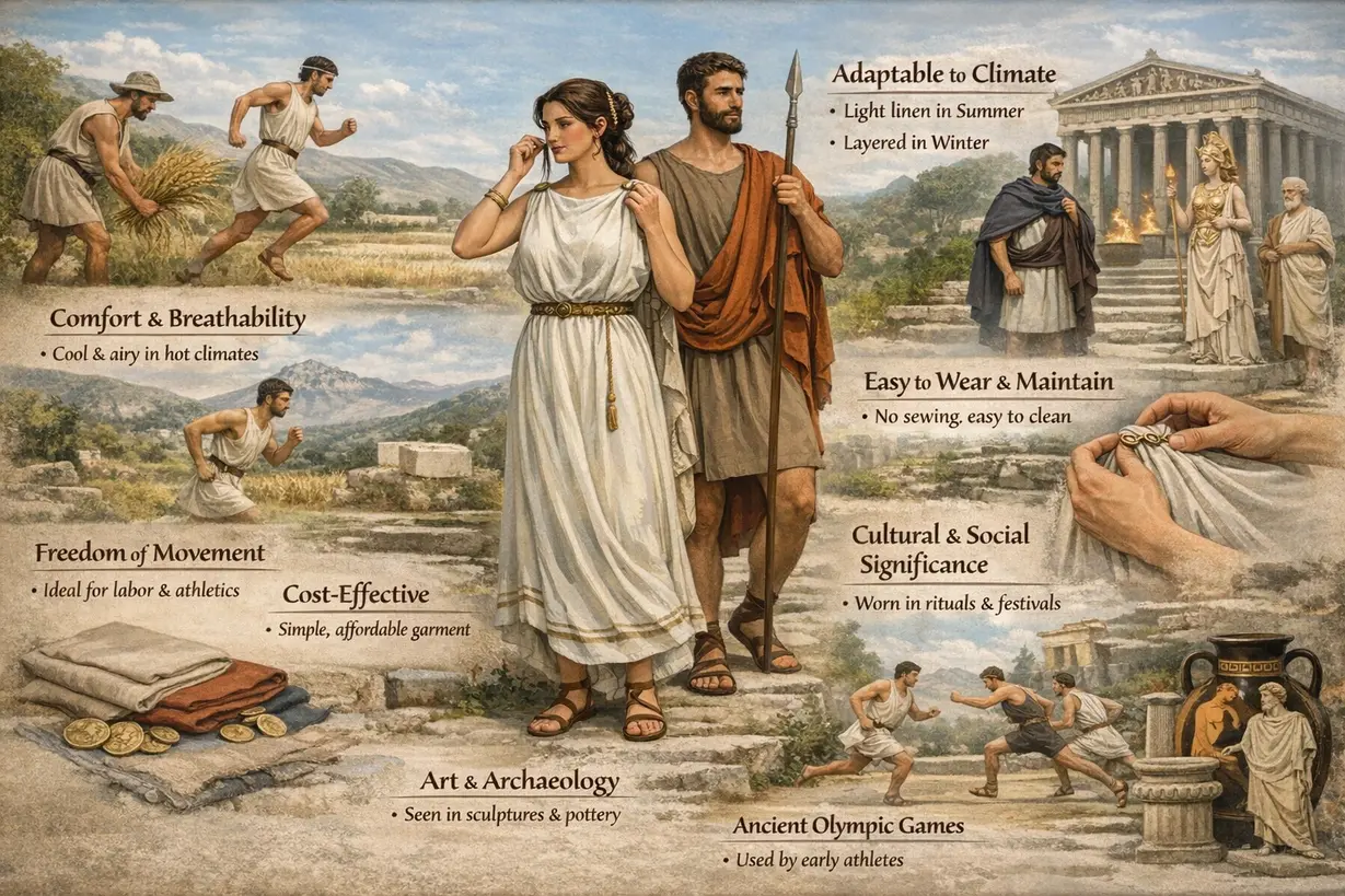 Realistic depiction of ancient Greek men and women wearing chiton garments in daily life, showing comfort, freedom of movement, climate adaptability, and cultural significance, with scenes of farming, athletics, religious ceremonies, and the ancient Olympic Games in authentic Greek landscapes.