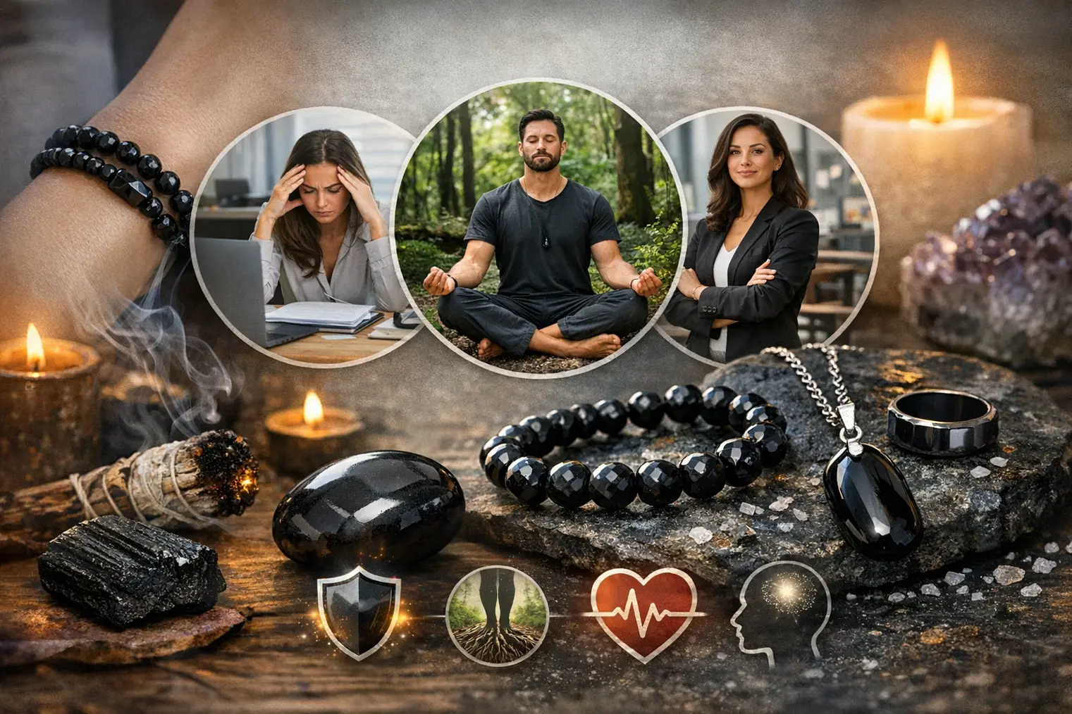 lifestyle image showing black crystal jewelry like black tourmaline, onyx, obsidian, and hematite placed on a natural stone surface, with people wearing black crystal bracelets in everyday situations such as work, meditation, and confident professional settings, symbolizing the benefits of wearing black crystals for protection, grounding, emotional balance, focus, and inner strength.