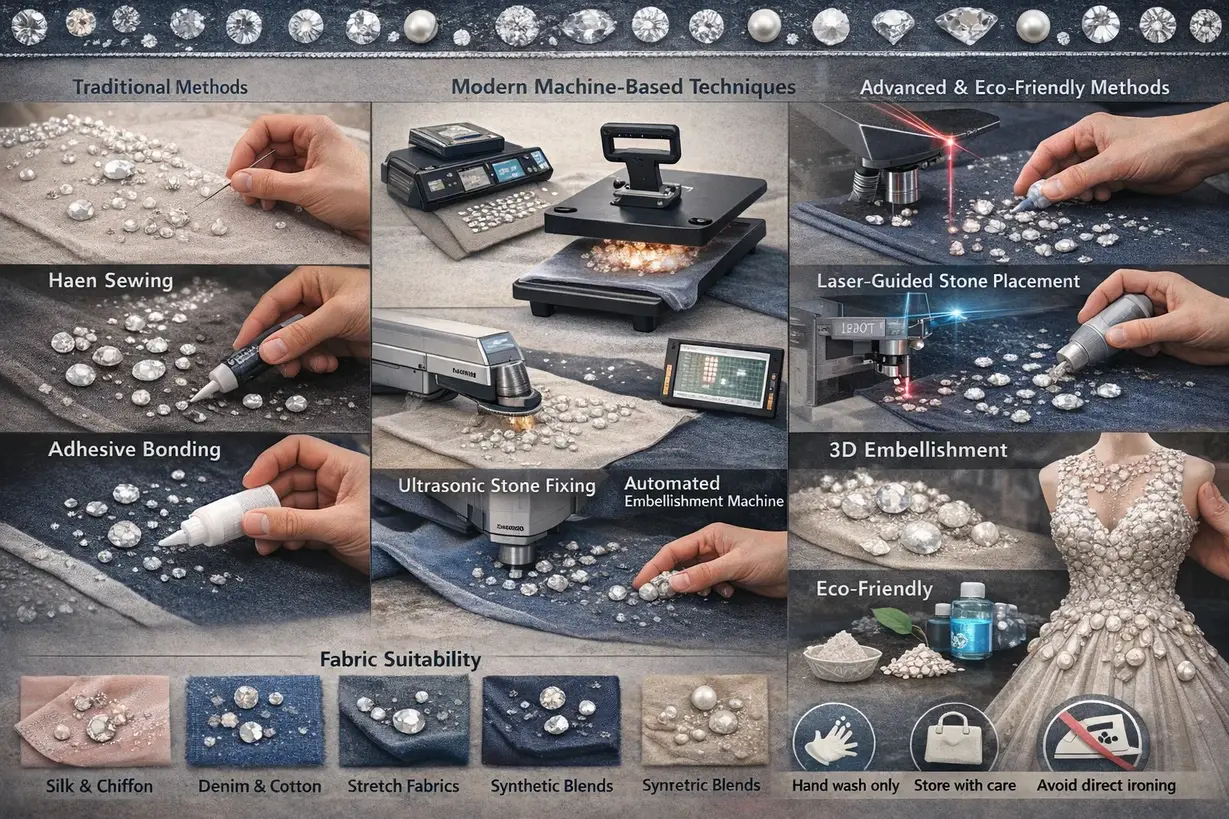 Real-life photographic collage showing modern methods to add white stones on fabric in 2026, including hand sewing, adhesive bonding, heat press stone fixing, ultrasonic stone application, automated embellishment machines, laser-guided placement, and eco-friendly techniques on fabrics like silk, chiffon, denim, cotton, and synthetic blends, with care and maintenance guidance.