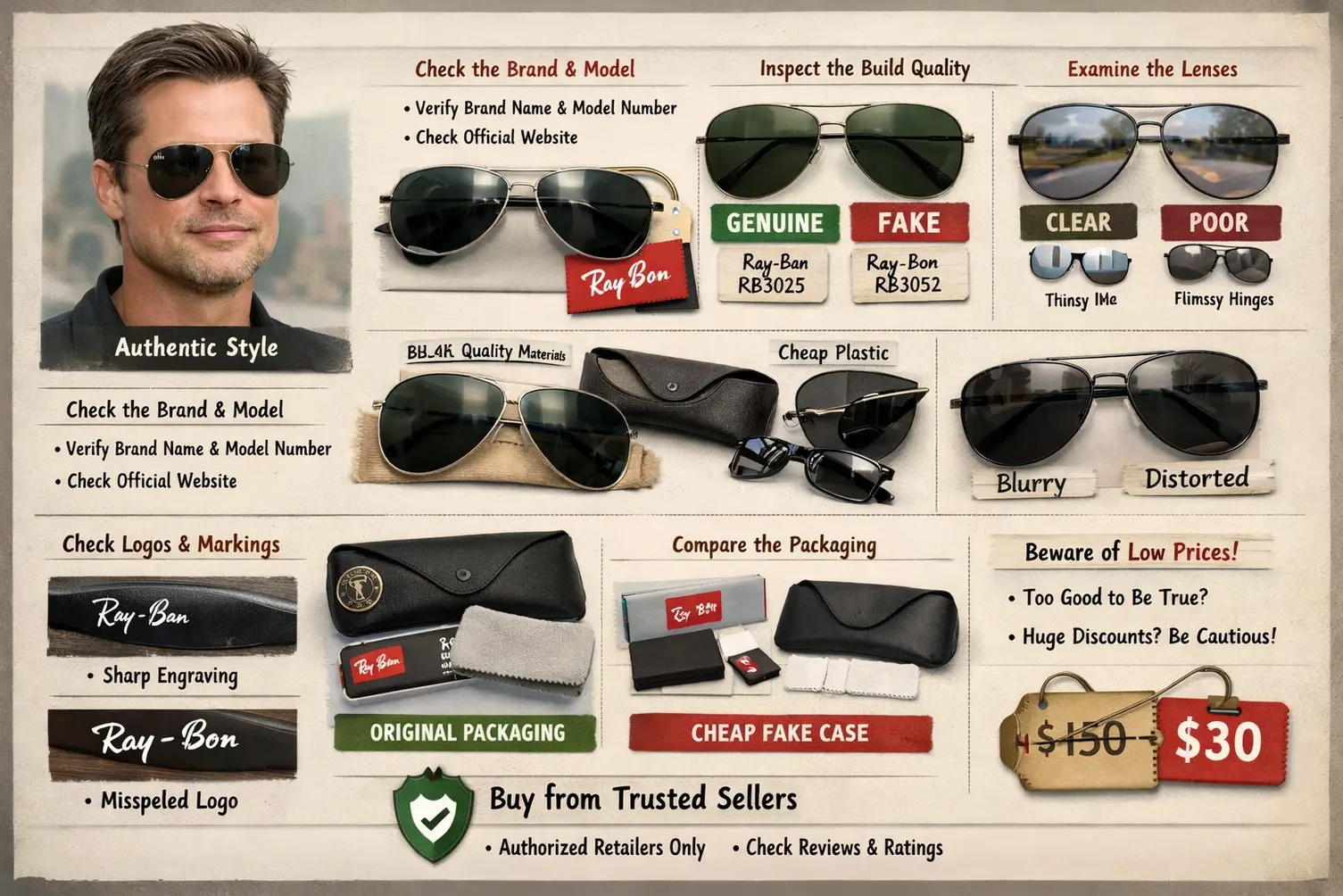 Horizontal infographic showing how to identify fake Brad Pitt sunglasses, with visual comparisons of real vs fake frames, lens quality checks, UV400 protection, brand and model verification, logo and engraving details, packaging differences, build quality inspection, and price comparison tips to help buyers avoid counterfeit sunglasses.