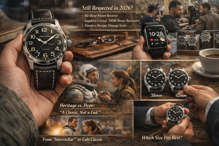 Hamilton Khaki Field Murph watch worn in a real-life café setting, highlighting its black dial and leather strap.