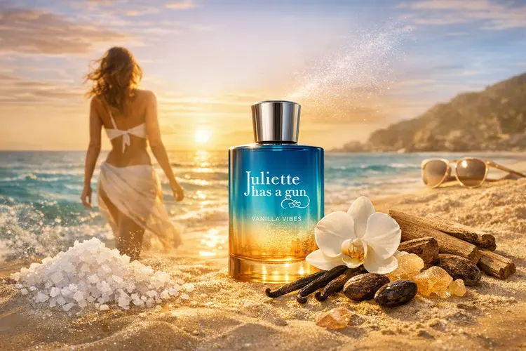 Why Juliette Has a Gun Vanilla Vibes Perfume Smells Best? Juliette Has a Gun Vanilla Vibes perfume bottle on a sunlit beach with sea salt crystals, vanilla pods, orchid flower, and ocean backdrop, capturing a fresh summer vanilla fragrance vibe.