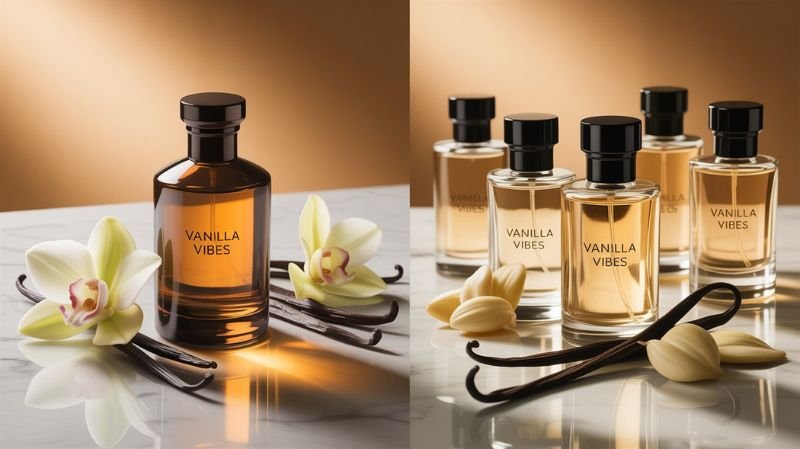 Vanilla Vibes perfume bottles displayed with vanilla pods and orchid flowers in warm lighting, showcasing a refined, modern vanilla fragrance collection.