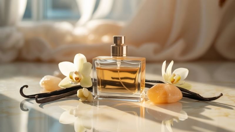 Vanilla perfume bottle with orchid flowers, vanilla pods, and warm amber stones in soft natural light, highlighting a clean, elegant vanilla fragrance aesthetic.