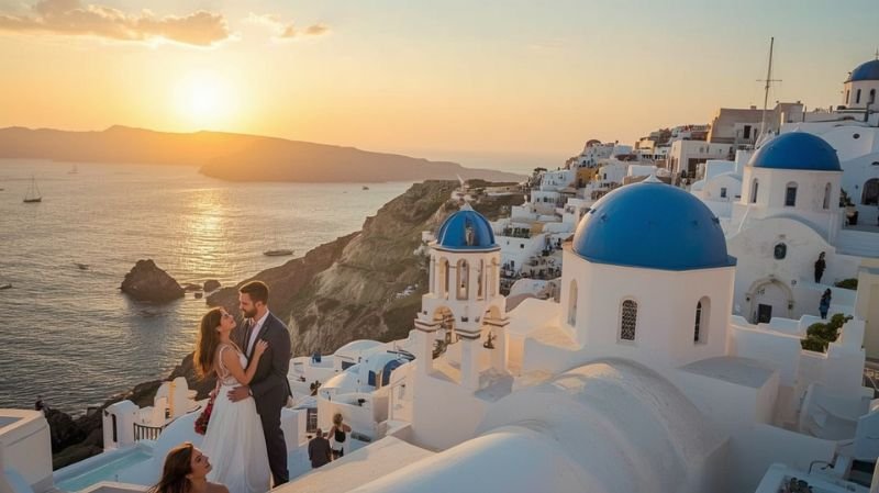 Couple overlooking Santorini at sunset with white buildings, blue domes, and ocean views.