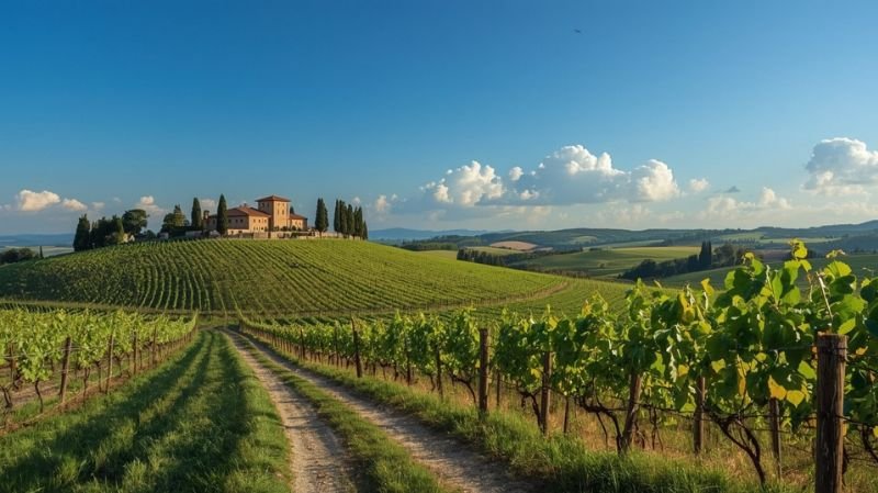 Tuscany vineyard landscape with rolling hills, grapevines, and a countryside estate.