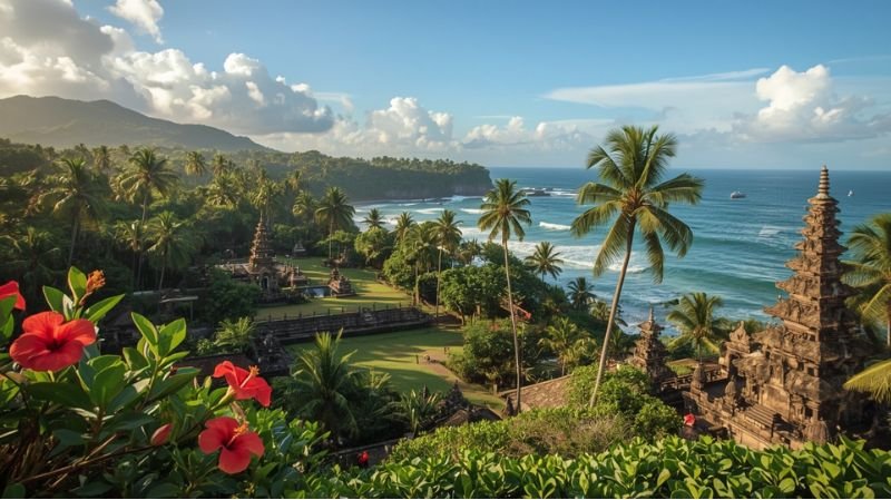 Bali coastline with palm trees, ocean waves, and traditional temple structures.