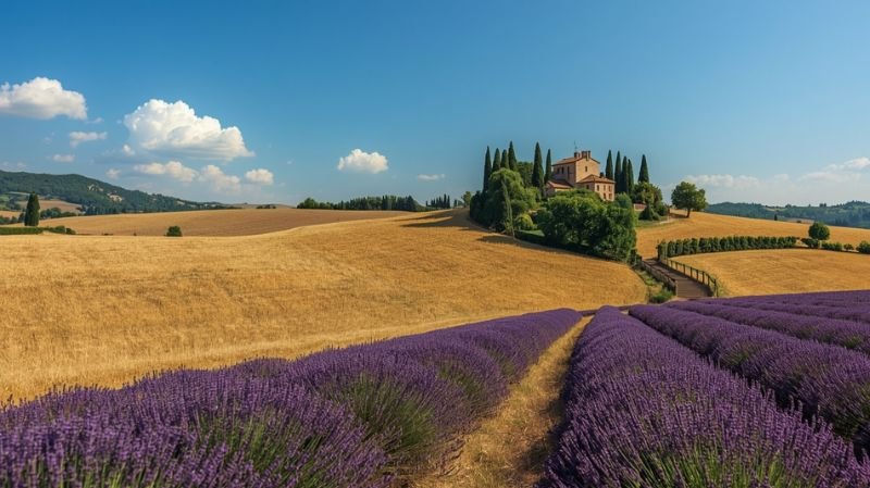 Lavender fields in Provence with rolling countryside and a hilltop estate.
