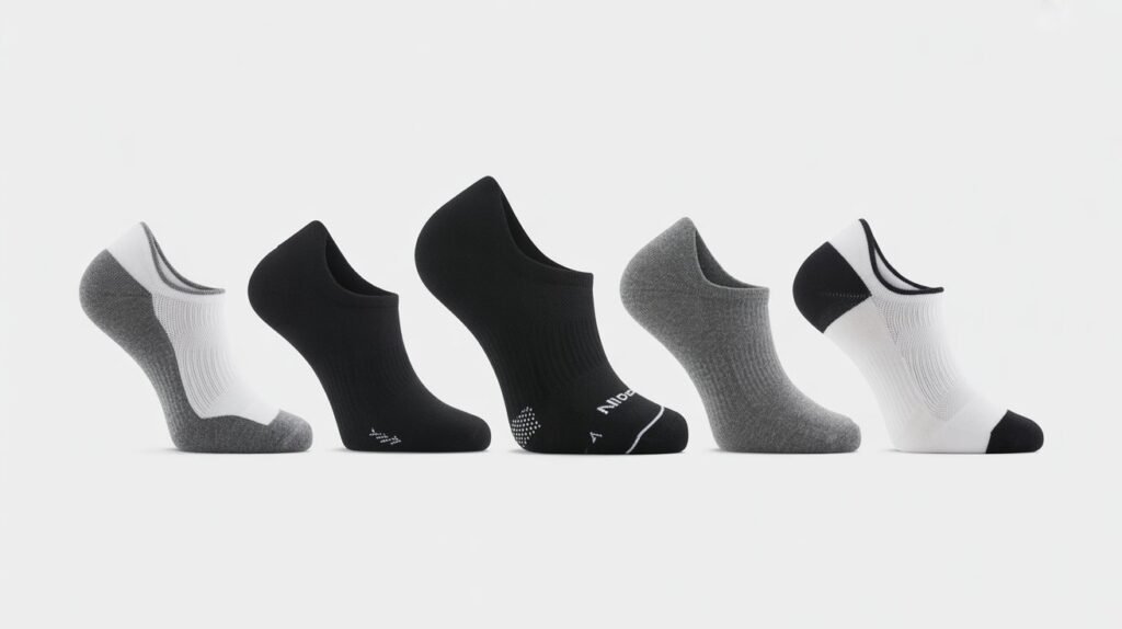 Row of no-show socks in black, white, and gray displayed side by side, showing different low-cut designs and heel coverage.