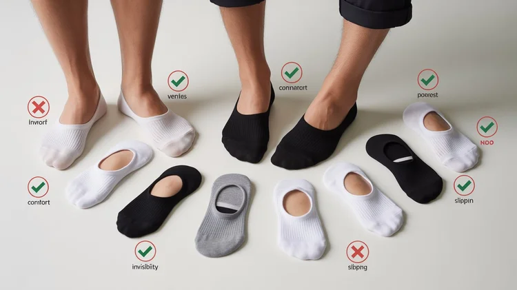 Comparison image showing different no-show socks worn on feet, highlighting comfortable, non-slip, invisible designs versus socks that slip or show.