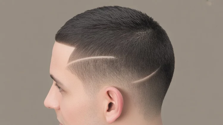 Side view of a short fade haircut with shaved line design.