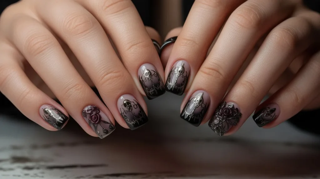 Gothic black French tip almond nails with dark floral designs.