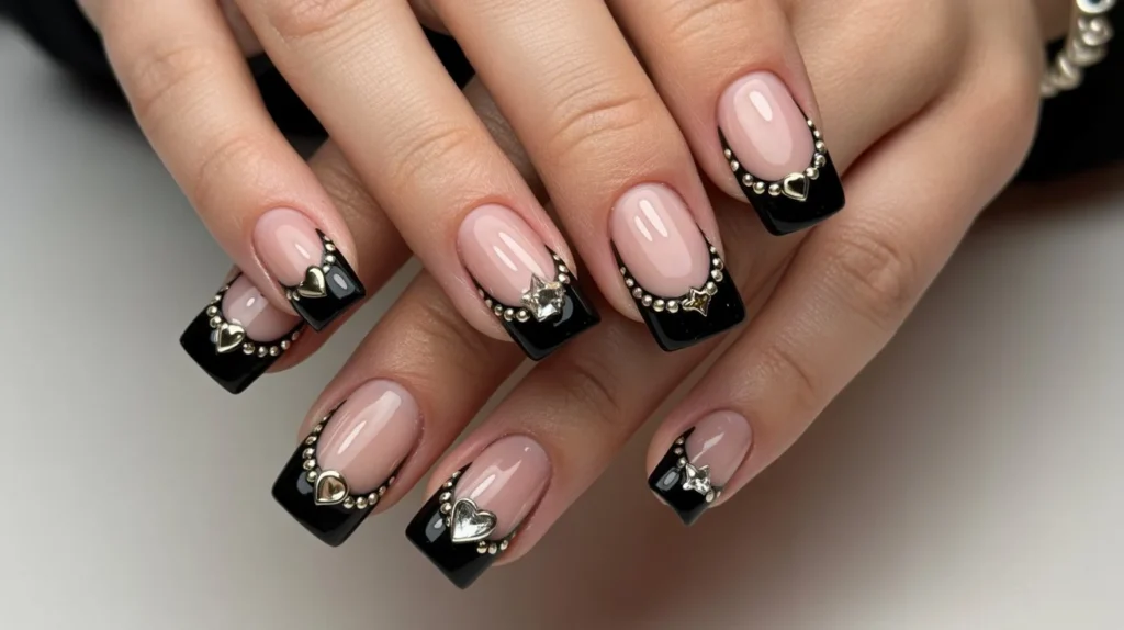 Black French tip almond nails with gold studs and charms.