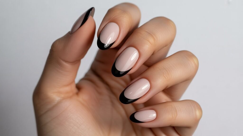 Glossy black French tip almond nails on nude base.