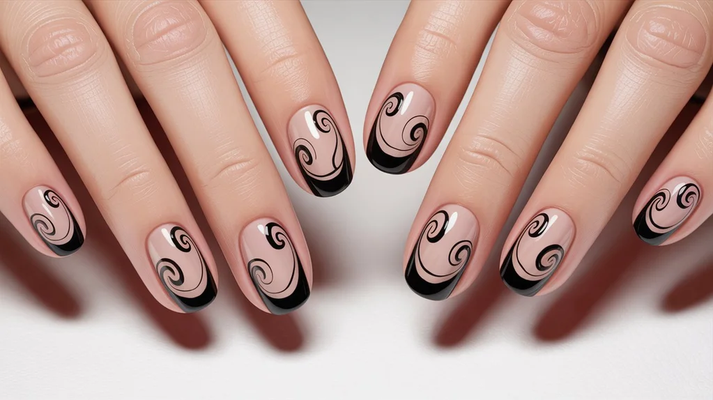 Abstract black French tip almond nails with swirl art.