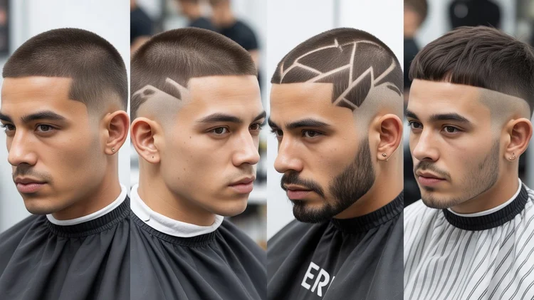 Modern buzz cut variations for men with fade and line designs.