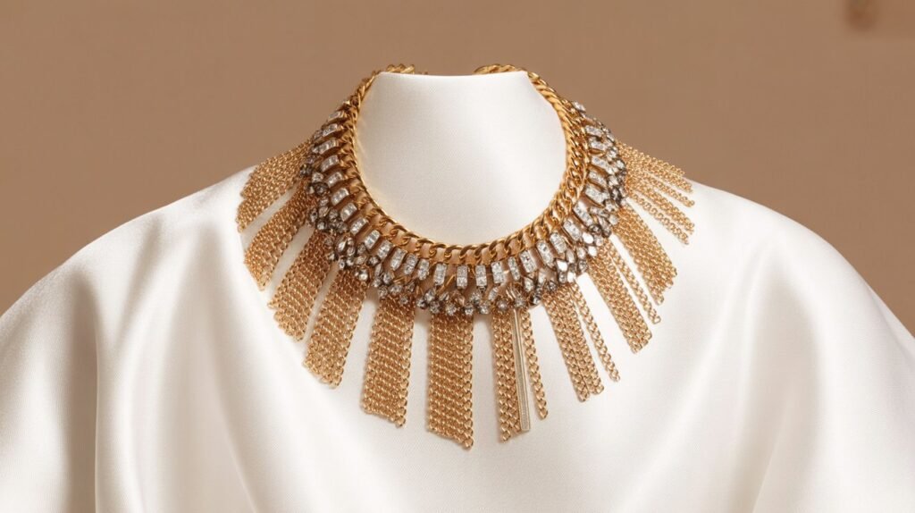 10 Different Types of Necklace Trends in 2026 Ornate gold necklace displayed on a white satin bust, featuring clear gemstones in a symmetrical design and cascading gold chain tassels for a dramatic, luxurious look.